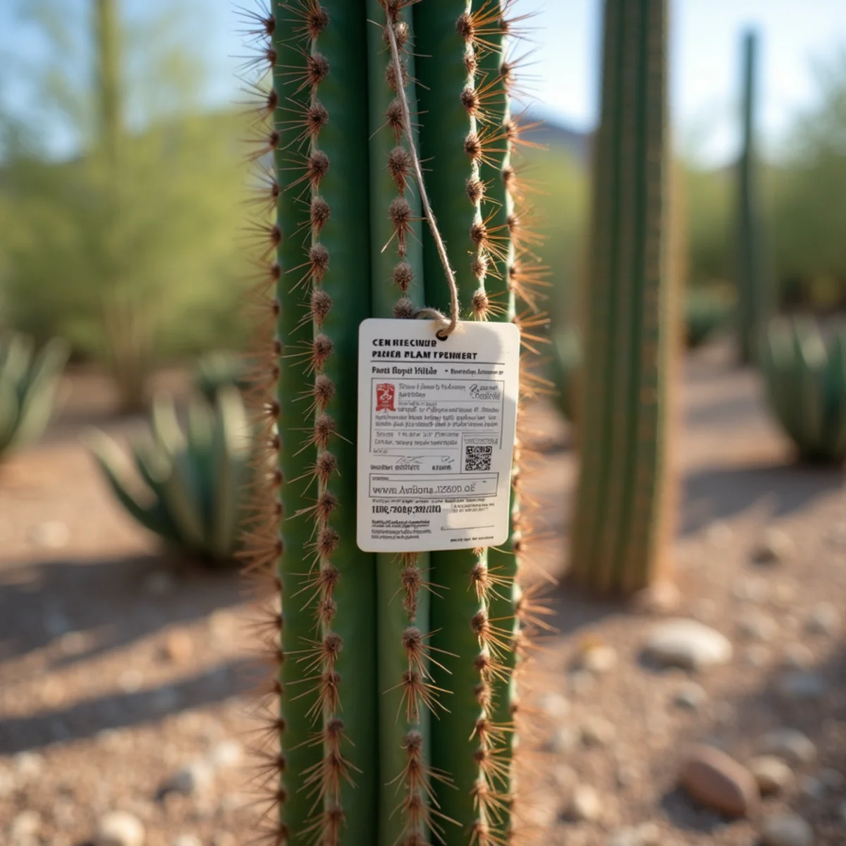 A mature saguaro cactus tagged with an Arizona Department of Agriculture permit seal before transplanting in the desert