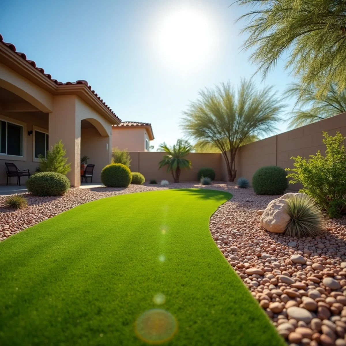 Artificial turf lawn next to a native desert xeriscape yard in Arizona under intense summer sun