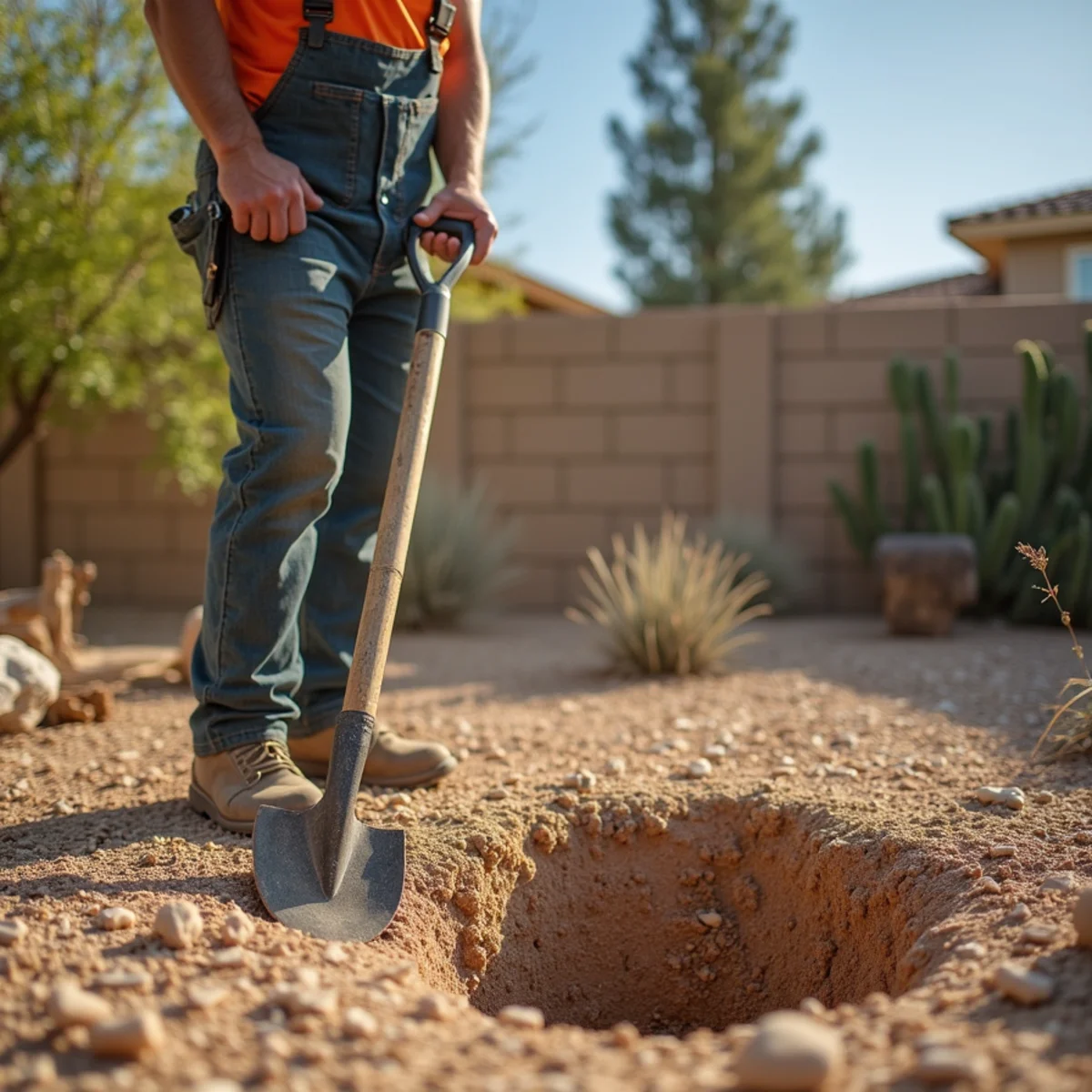 A homeowner struggling with a rented trencher stopped dead in rock-hard caliche soil in an Arizona backyard