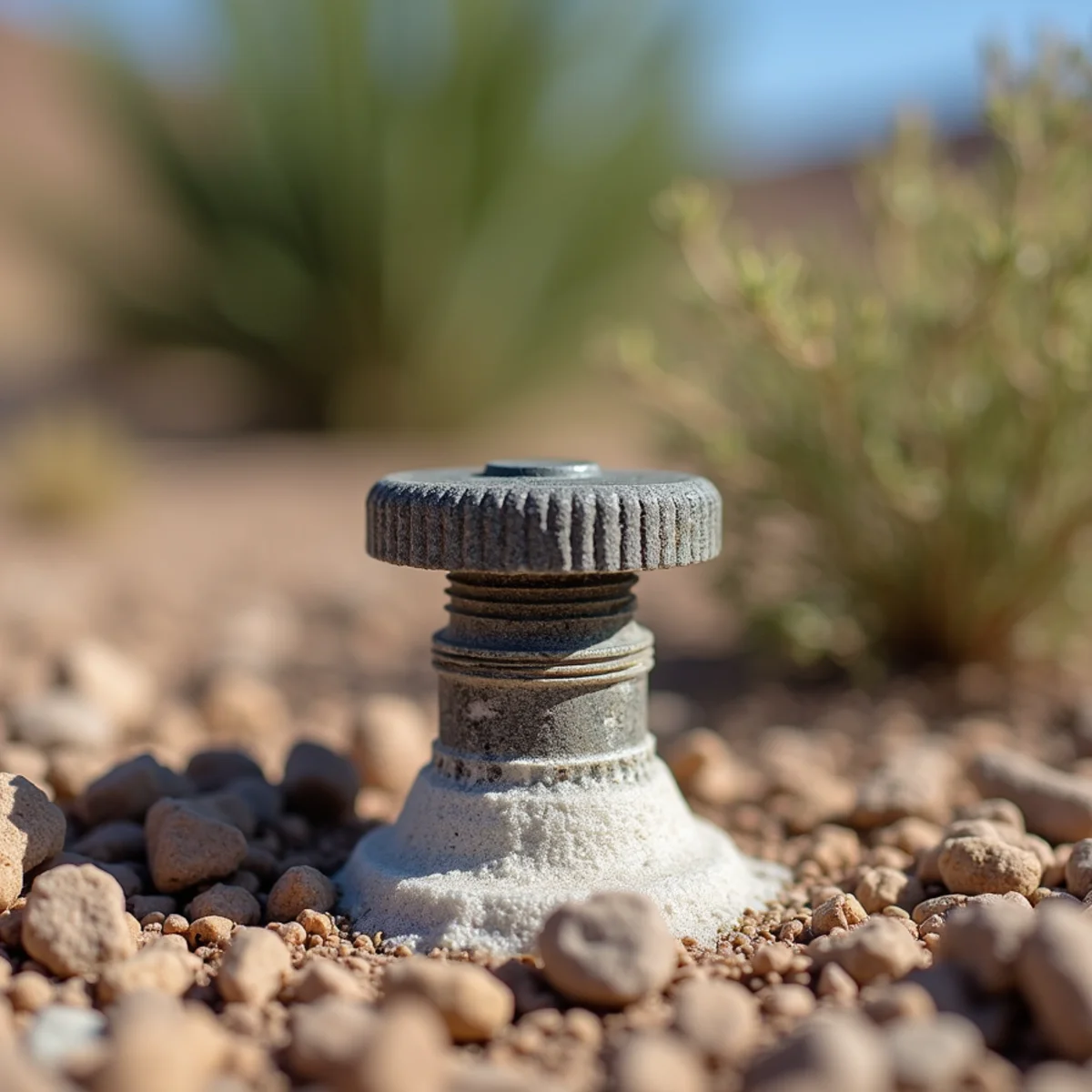 Drip emitter caked with white calcium scale beside a declining desert shrub in a Phoenix landscape