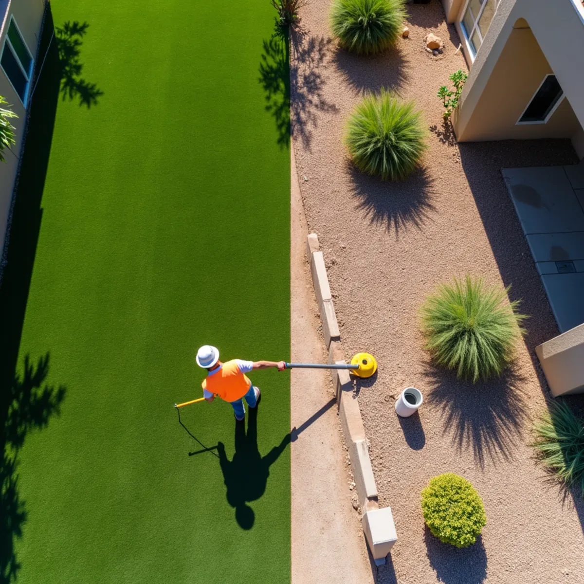 Mesa front yard mid-conversion from Bermuda lawn to decomposed granite xeriscape with desert plants