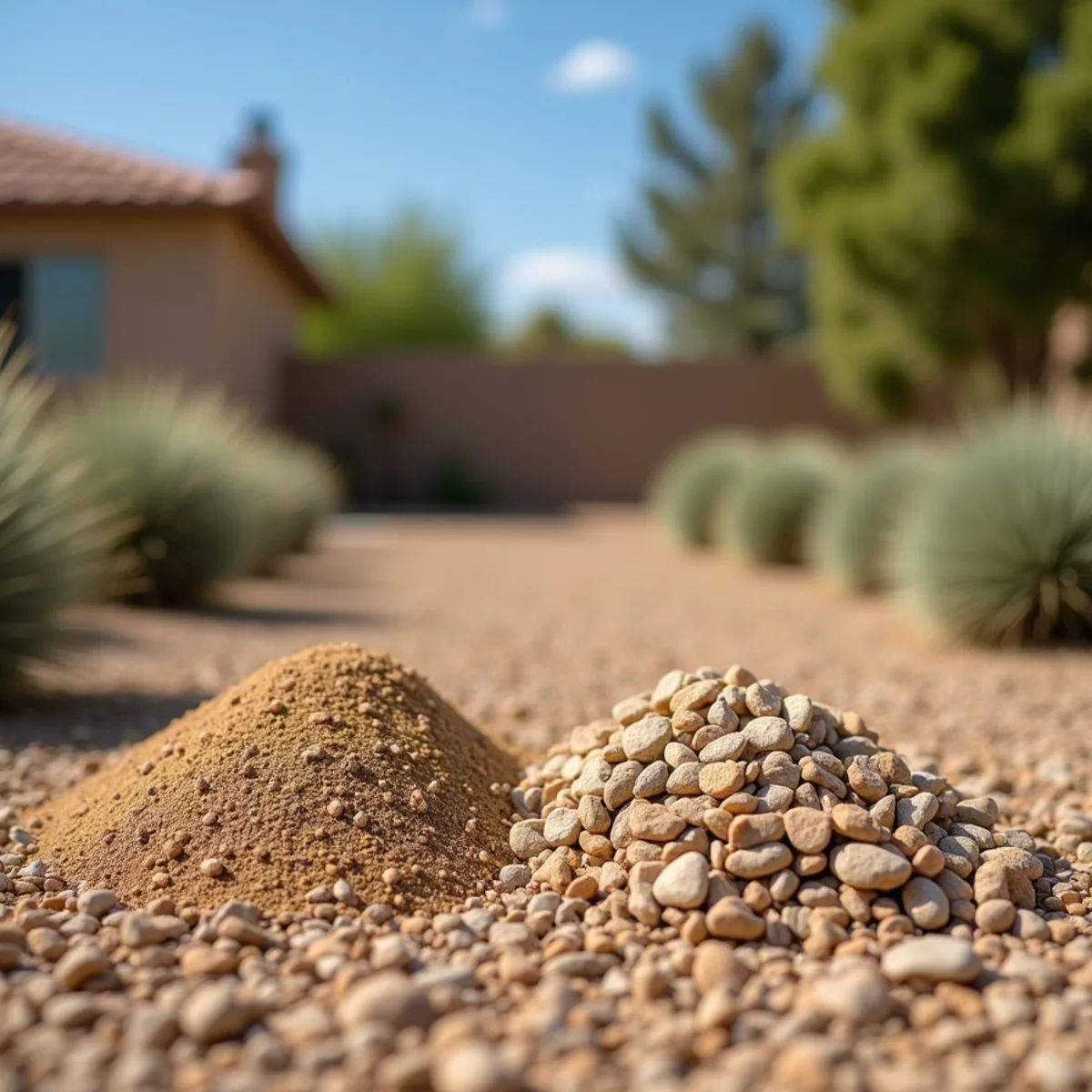 Side by side comparison of decomposed granite and river rock groundcover in a Phoenix Arizona desert landscape