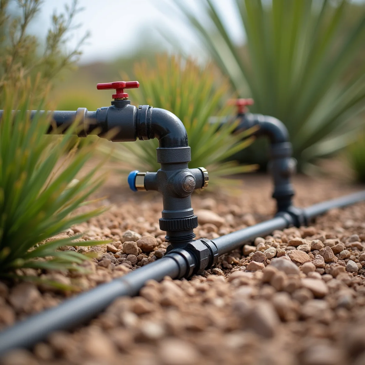 New drip irrigation manifold with pressure regulator and valves installed in a Phoenix East Valley desert yard