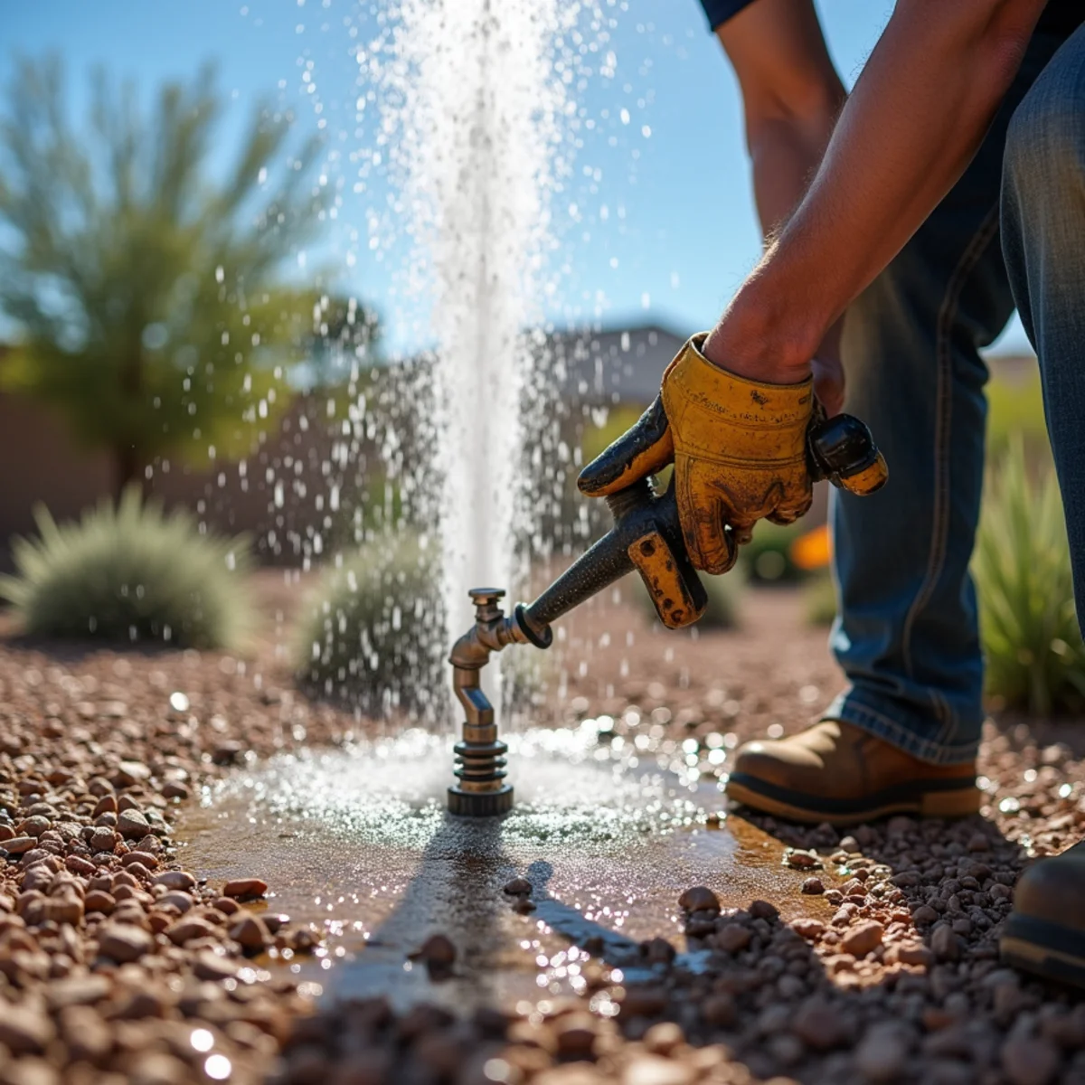 Water surfacing over decomposed granite from a burst underground irrigation mainline in a Mesa yard