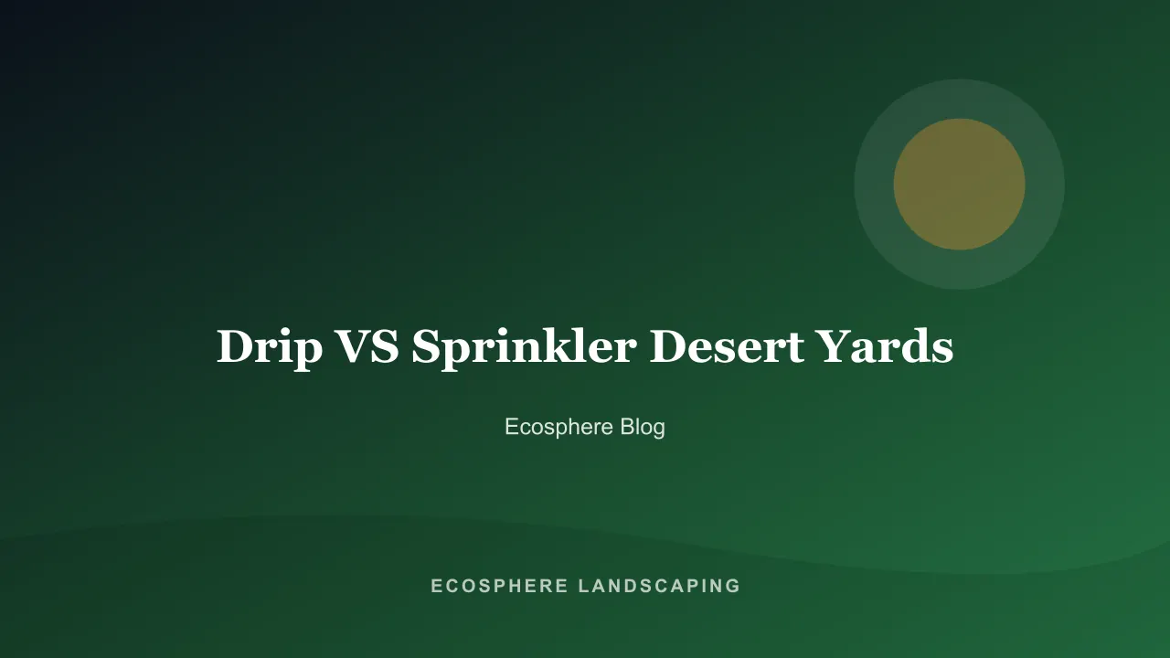 Split view of a drip emitter watering a desert shrub beside a spray sprinkler misting over gravel in Arizona