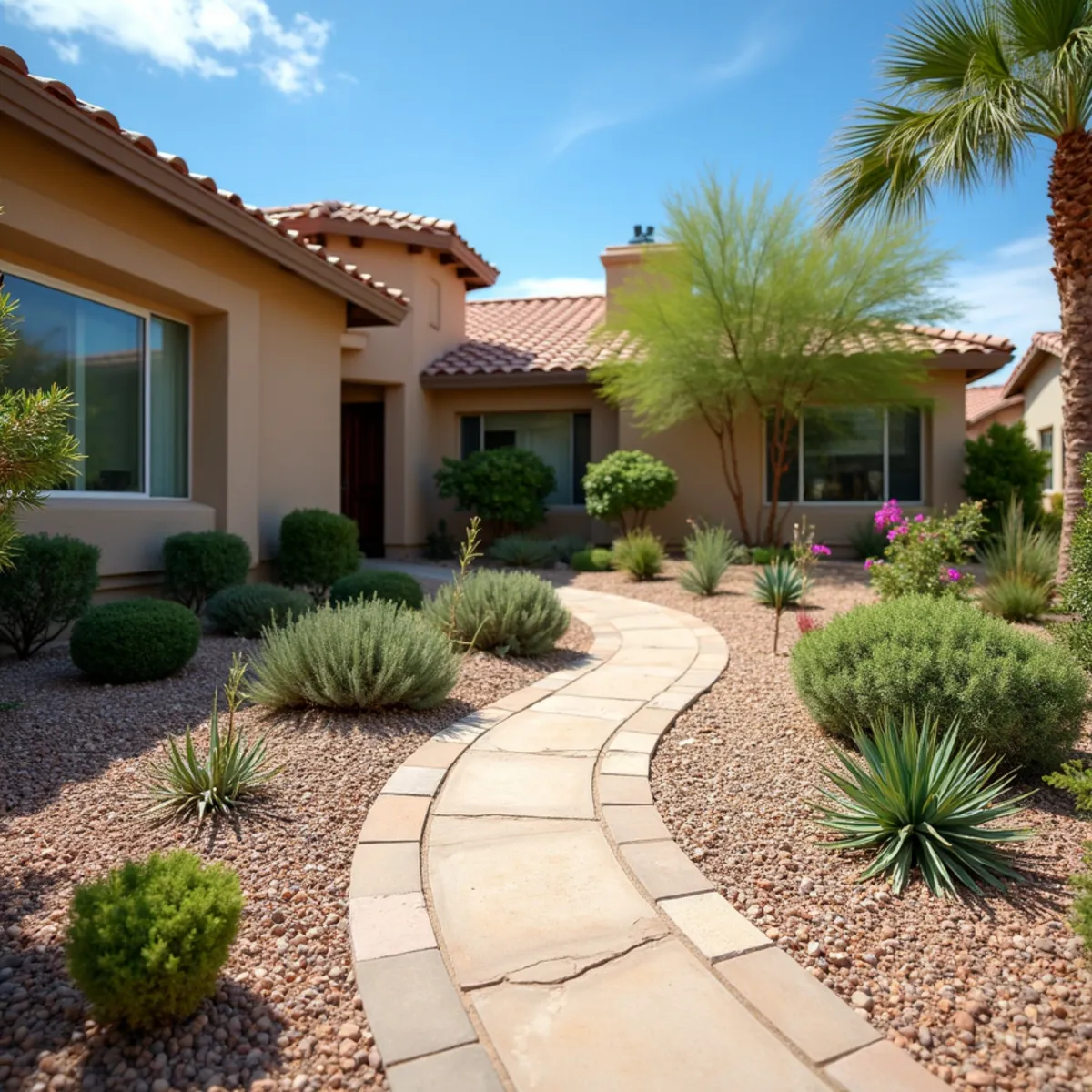 An HOA-approved xeriscaped front yard in an East Valley Arizona subdivision with desert plants and decorative rock