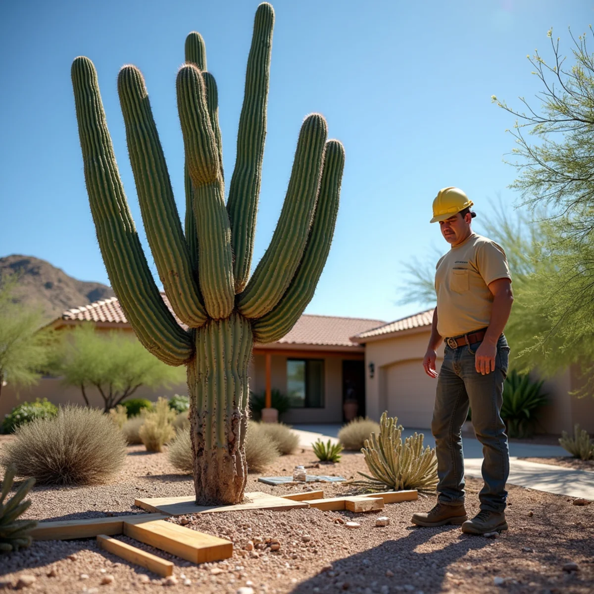 Mature saguaro cactus leaning at a dangerous angle after monsoon soil saturation in a Scottsdale desert yard