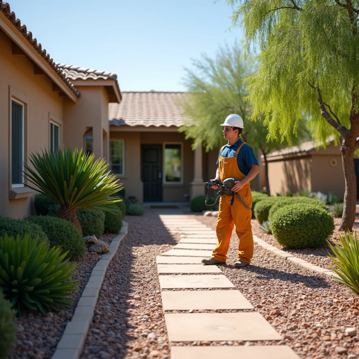 A code-compliant xeriscaped front yard in Mesa Arizona with desert plants replacing a former grass lawn