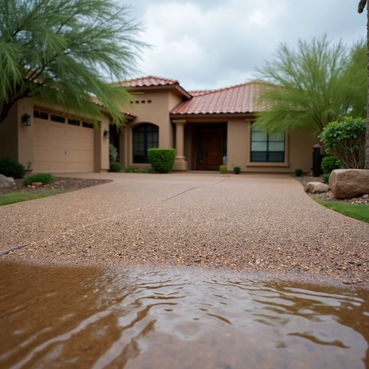 Decomposed granite washed into a driveway after monsoon flash flooding in an Apache Junction desert yard