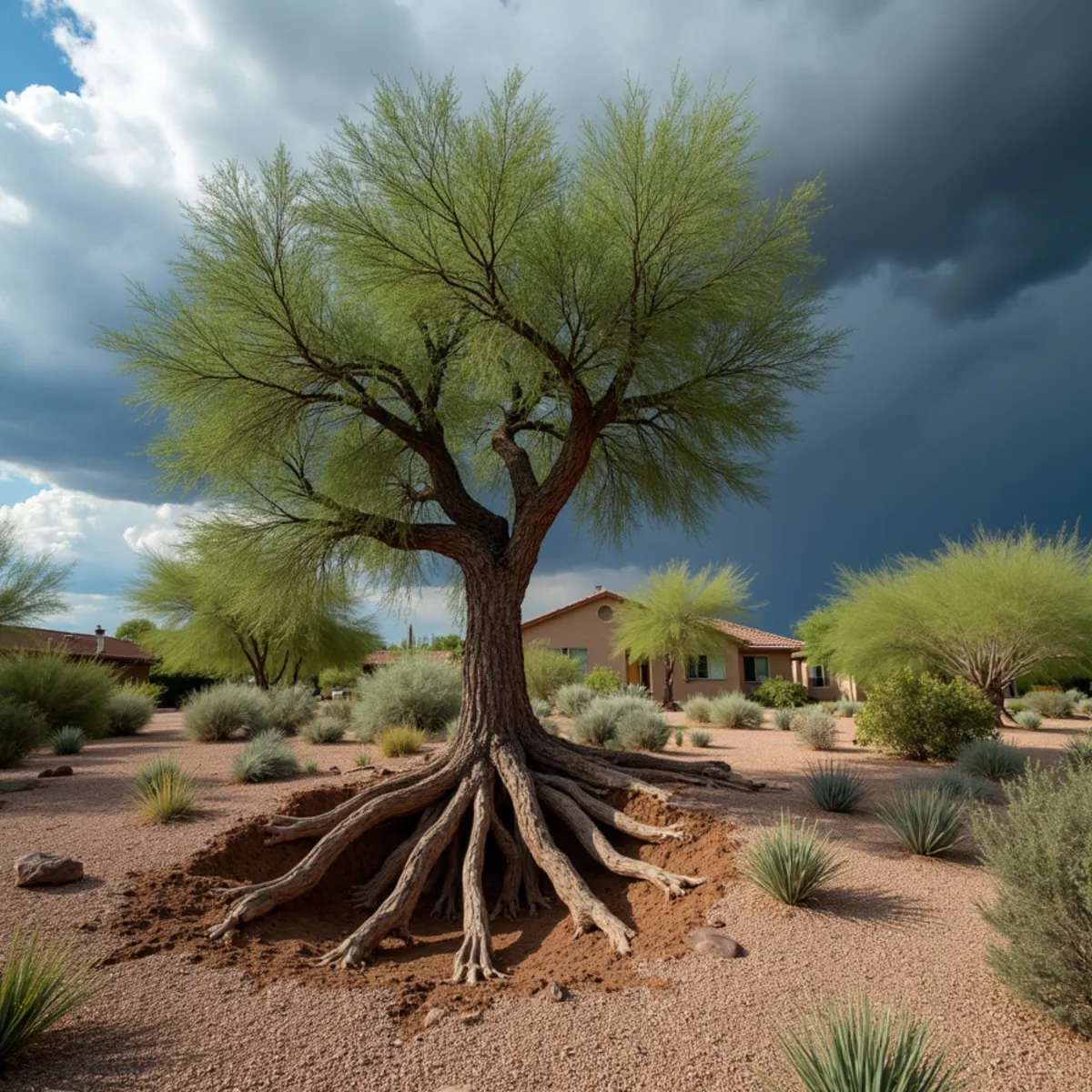 Palo verde tree uprooted and leaning after an Arizona monsoon microburst in a residential desert yard