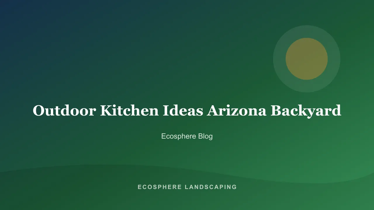 Built-in outdoor kitchen with stone island, grill, and shade ramada in an Arizona desert backyard