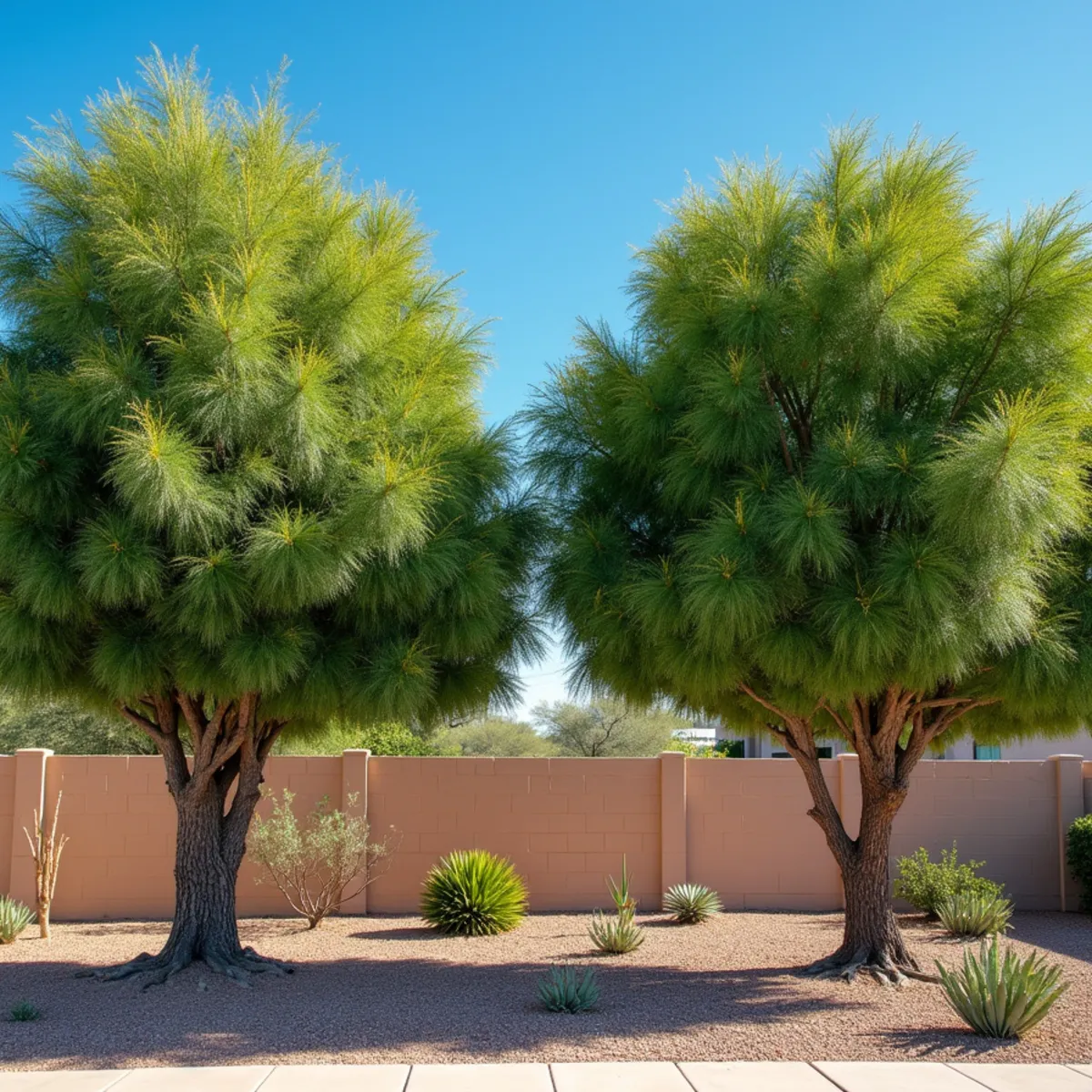 A blooming Desert Museum palo verde beside a mature velvet mesquite providing shade in an Arizona desert yard