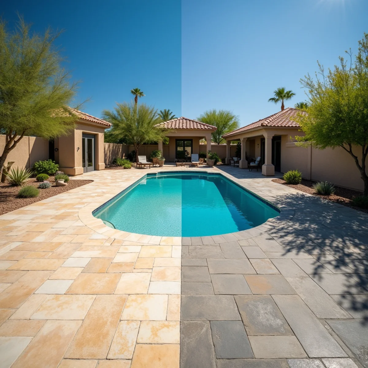 Side-by-side comparison of an ivory travertine pool deck and a charcoal concrete paver pool deck in Phoenix