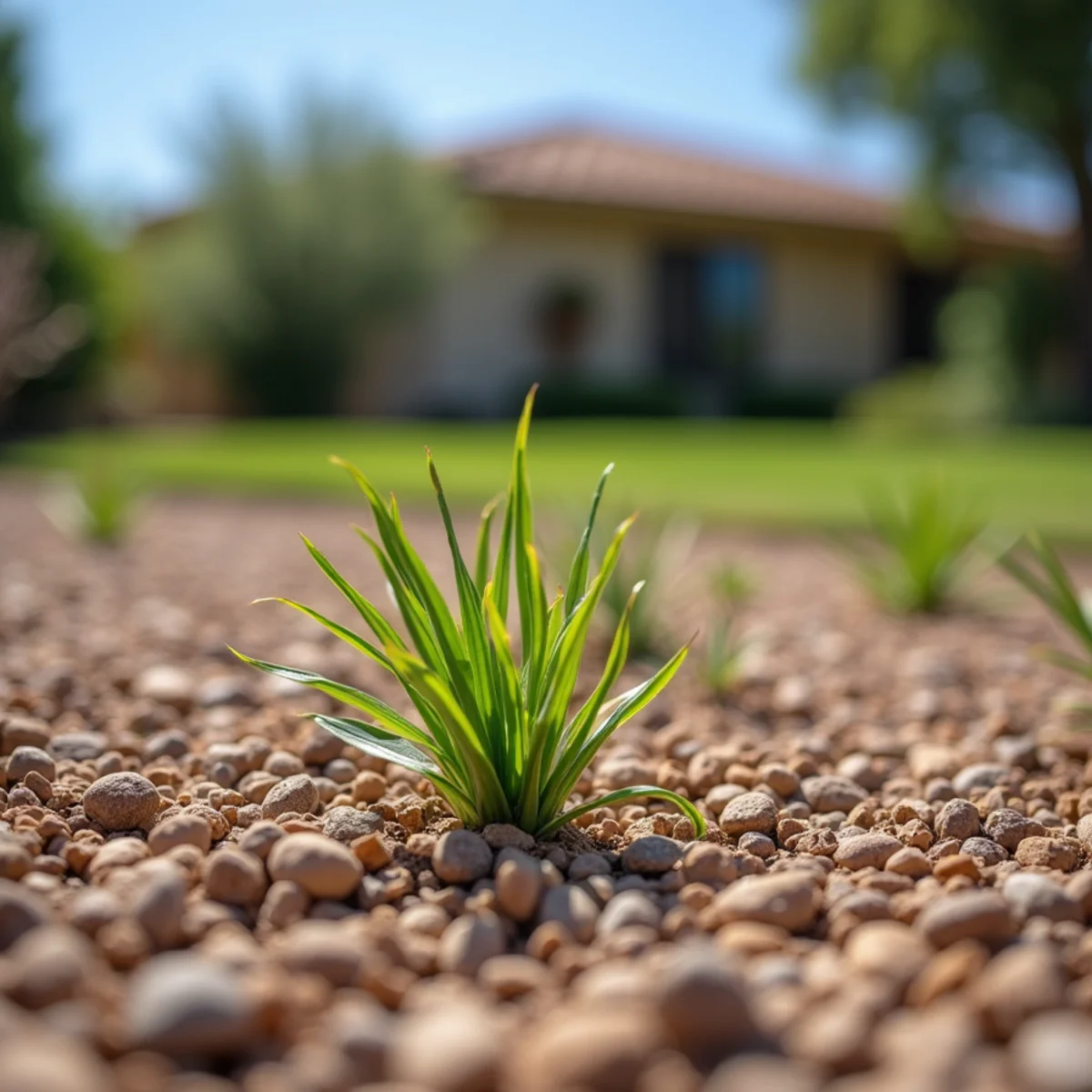Weeds sprouting through decomposed granite in a Mesa Arizona desert rock yard with torn weed fabric exposed