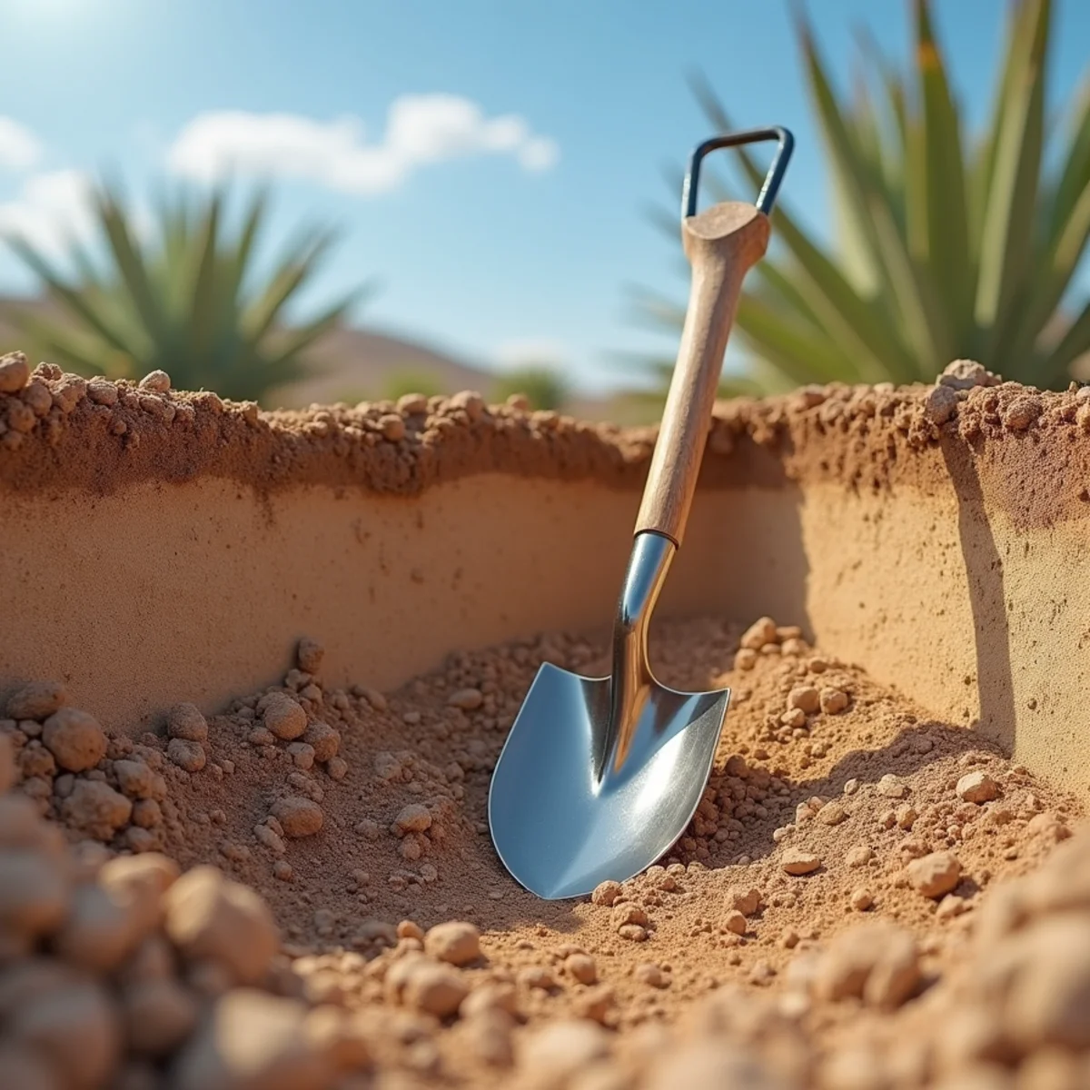 Excavated planting hole in an Arizona yard revealing a thick white caliche hardpan layer below the topsoil