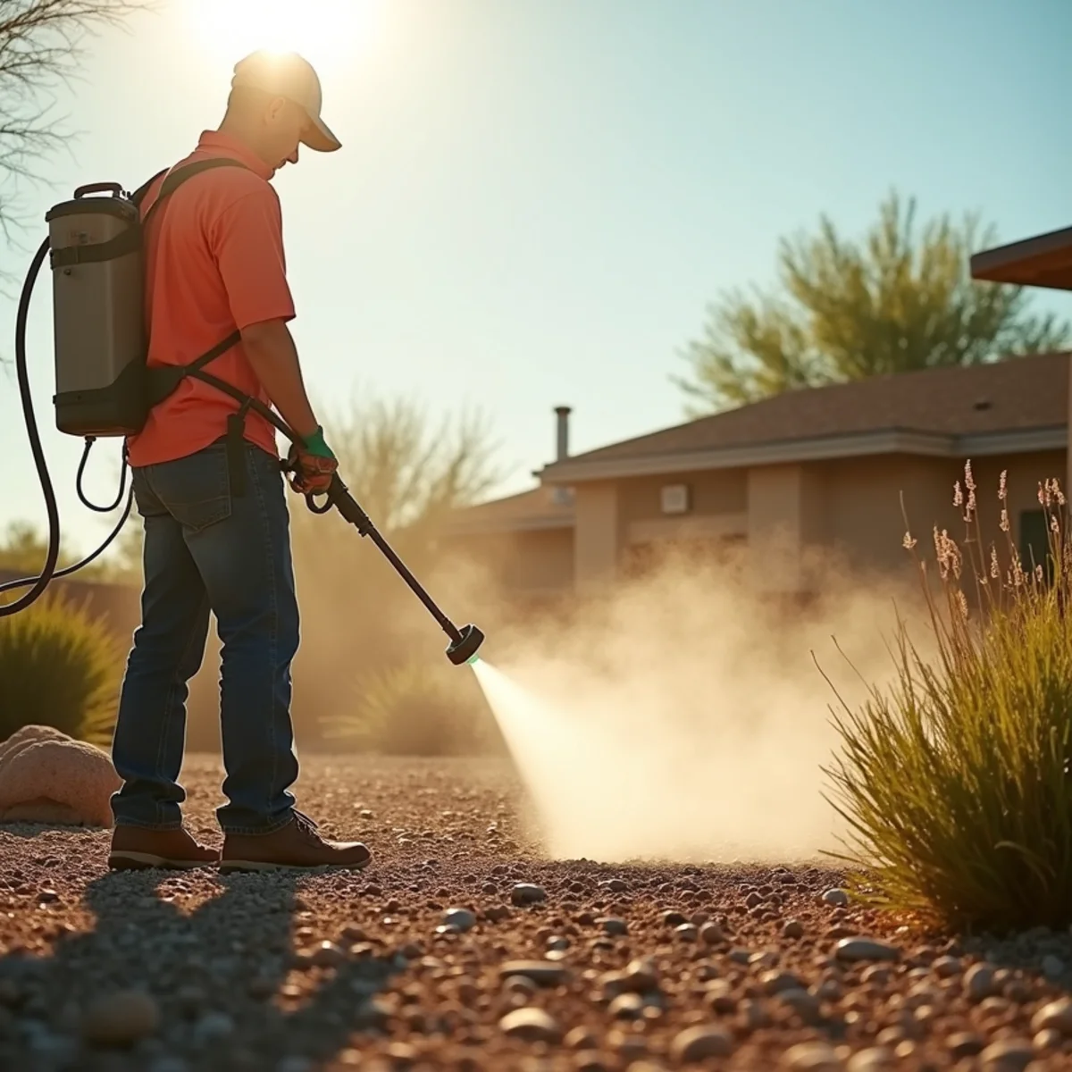 A homeowner spraying weeds in a rock yard under intense Arizona summer sun with heat shimmer visible