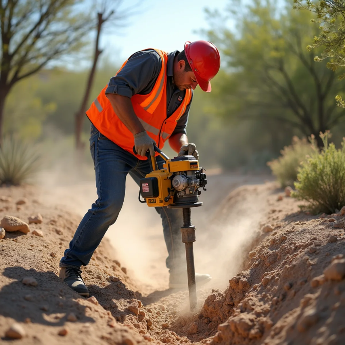 Ecosphere Landscaping crew performing caliche breaking & trenching in Mesa, AZ
