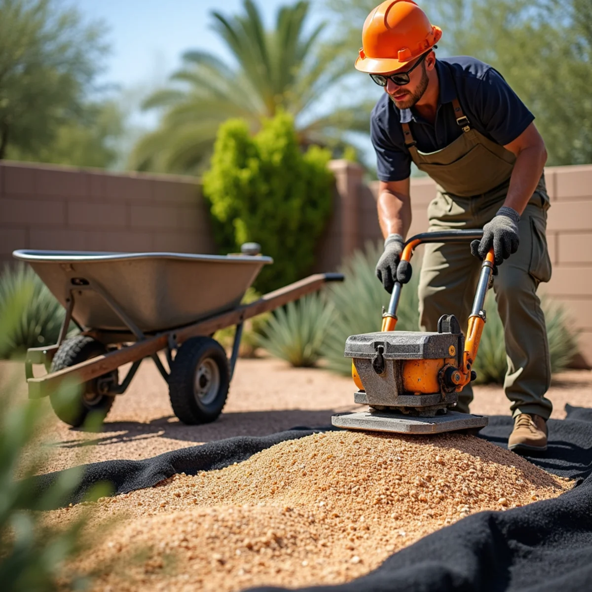 Ecosphere Landscaping crew performing granite & rock landscaping in Mesa, AZ