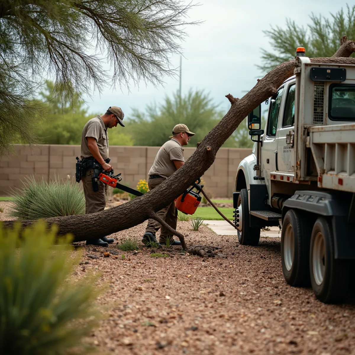 Ecosphere Landscaping crew performing monsoon storm cleanup in Mesa, AZ