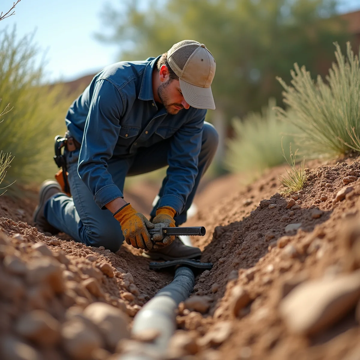 Ecosphere Landscaping crew performing mainline leak repair in Mesa, AZ