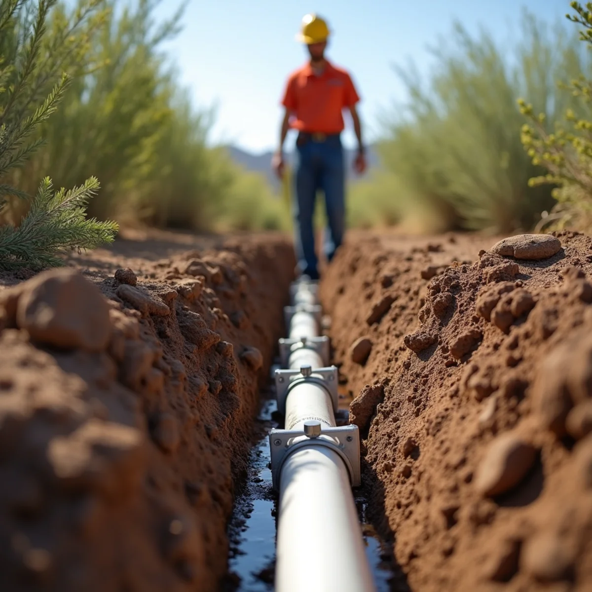 Technician repairing a cracked PVC irrigation mainline with a compression coupling in Mesa, AZ