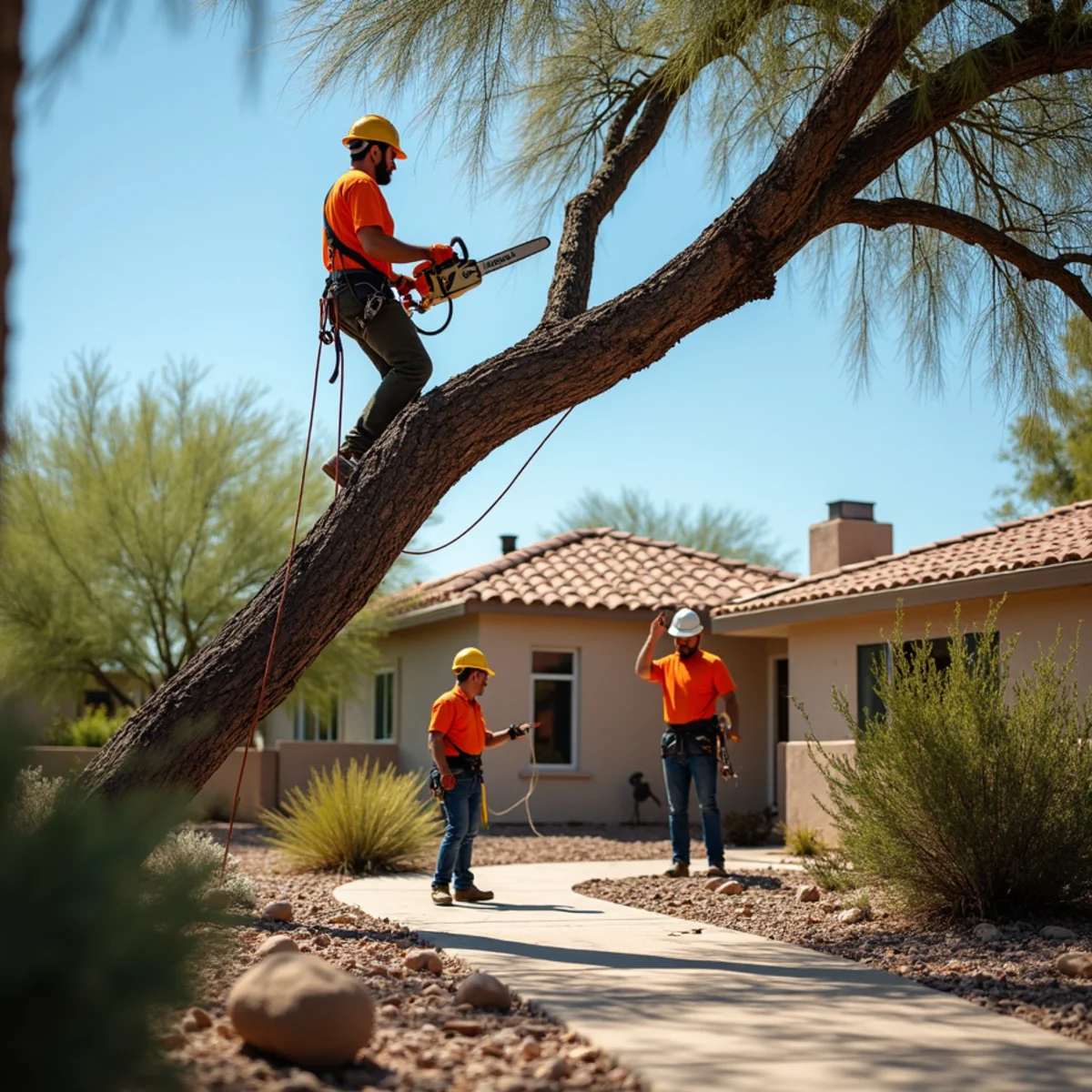 Ecosphere Landscaping crew performing leaning tree removal in Mesa, AZ
