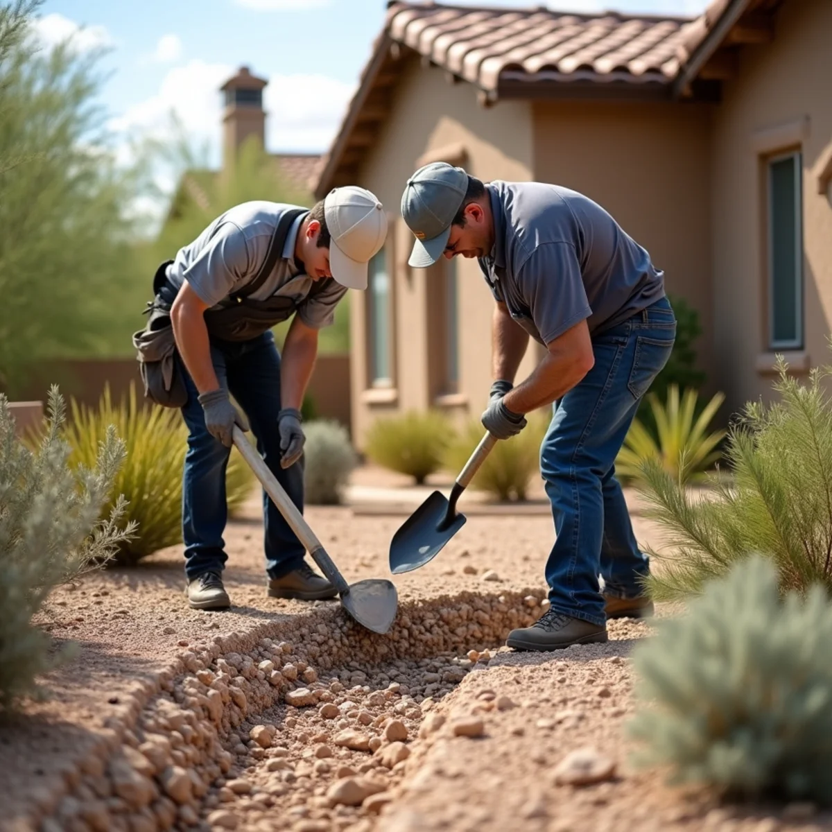 Ecosphere Landscaping crew performing flooding & drainage in Mesa, AZ