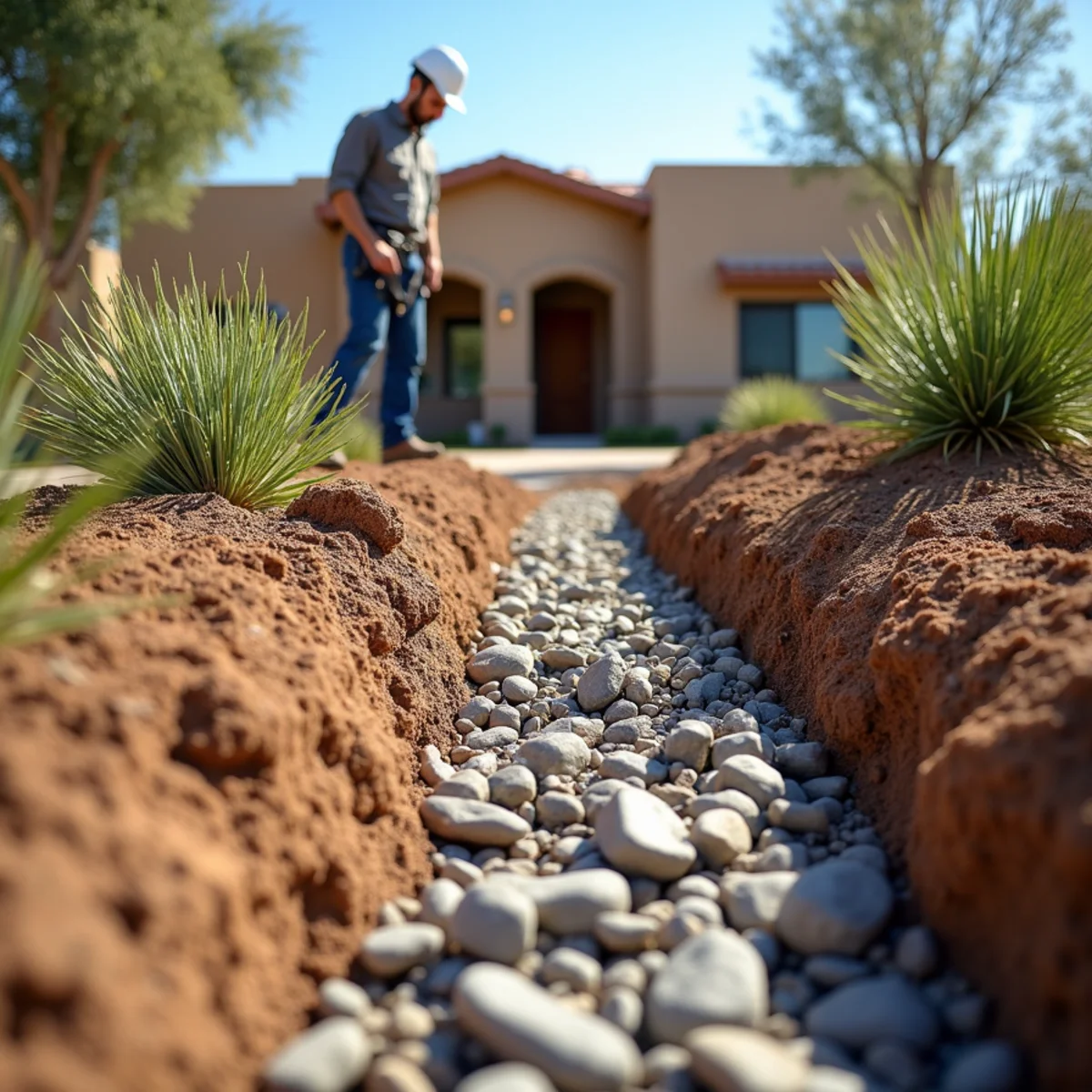 Dry creek bed with riprap channeling monsoon runoff away from a home foundation in Mesa, AZ