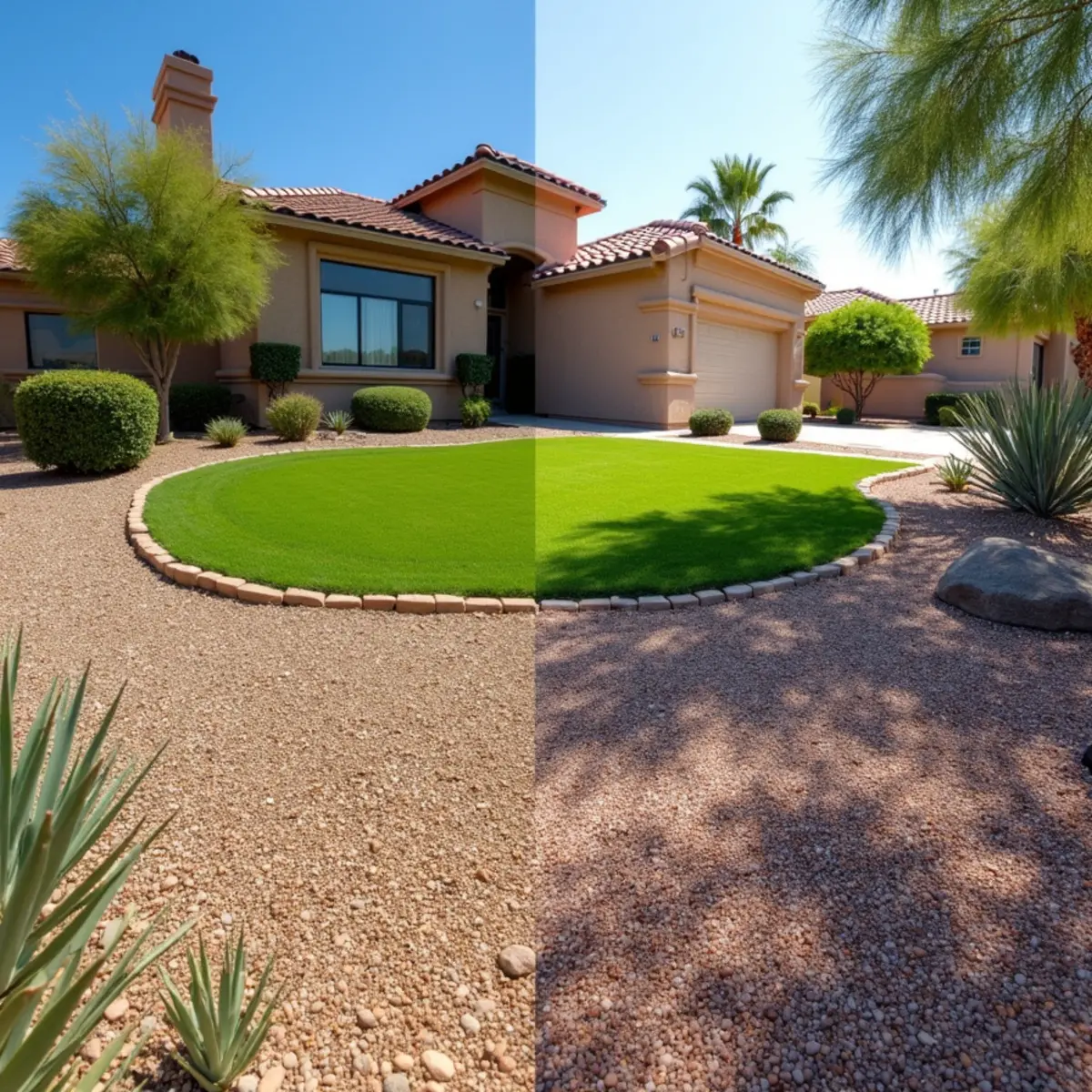 Bermuda lawn being converted to a rebate-eligible xeriscape with granite and desert plants in Mesa, AZ